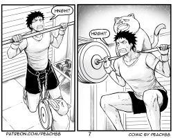 Rule 34 | 1boy, barbell, billy (peach88), cat, comic, dumbbell, exercising, highres, monochrome, original, peach88, sweat, weightlifting, weights
