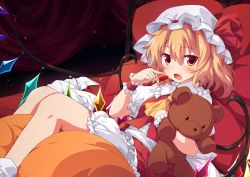 Rule 34 | 1girl, blonde hair, bloomers, blush, bow, collared shirt, commentary request, crystal, fang, feet out of frame, flandre scarlet, food, frilled shirt collar, frilled skirt, frills, fruit, hair between eyes, hat, hat bow, holding, holding food, holding fruit, hugging object, lying, mob cap, on back, one side up, open mouth, red bow, red eyes, red skirt, red vest, shirt, skirt, socks, solo, strawberry, stuffed animal, stuffed toy, teddy bear, touhou, ugume, underwear, vest, white bloomers, white hat, white shirt, white socks, wings
