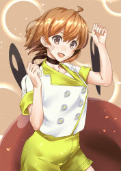 Rule 34 | 1girl, :d, ahoge, bandaid, bandaid on face, brown eyes, brown hair, fukami naoyuki, kantai collection, looking at viewer, oboro (kancolle), official alternate costume, open mouth, pants, short hair, short sleeves, smile, solo, yellow pants