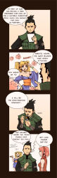 Rule 34 | 1boy, 2girls, 4koma, angry, annoyed, archvermin, bare shoulders, black hair, blonde hair, blue eyes, bracelet, breasts, cigarette, cleavage, closed eyes, collarbone, comic, english text, eye contact, facial mark, facing another, facing viewer, fire, flak jacket, genderswap, genderswap (mtf), hair tie, hairband, hand on own hip, hand up, hands up, happy, haruno sakura, high ponytail, highres, holding, holding lighter, jacket, japanese clothes, jewelry, kimono, lighter, long hair, long image, long sleeves, looking at another, looking down, looking to the side, medium breasts, medium hair, multiple girls, nara shikamaru, naruko (naruto), naruto, naruto (series), naruto shippuuden, ninja, obi, off shoulder, open mouth, paper, parody, parted lips, pink hair, pointing, ponytail, reading, red shirt, salute, sash, shirt, sleeveless, sleeveless shirt, smile, smoke, smoking, speech bubble, standing, talking, tall image, teeth, tongue, transformation, truth, twintails, upper body, uzumaki naruto, vest, whisker markings, whiskers, wide sleeves
