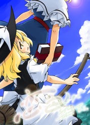 Rule 34 | 2girls, alice margatroid, apron, back, black hat, black skirt, black vest, blonde hair, blue dress, blue sky, book, bow, broom, broom riding, capelet, cloud, day, dress, female focus, frilled sleeves, frills, hair bow, hat, hat bow, hat ribbon, holding, holding book, kirisame marisa, lens flare, looking at another, looking up, multiple girls, parted lips, profile, puffy short sleeves, puffy sleeves, ribbon, sakuraba yuuki, sash, shirt, short sleeves, skirt, sky, sun, touhou, vest, waist apron, white apron, white bow, white ribbon, white shirt, witch, witch hat, yellow eyes