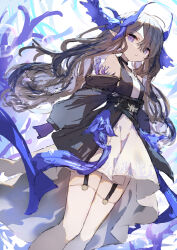 Rule 34 | 1girl, arknights, bare shoulders, black dress, black jacket, brown hair, closed mouth, coral, dress, expressionless, feet out of frame, garter straps, gloves, hair ornament, highmore (arknights), highres, jacket, k futoshi 0n0, long hair, long sleeves, looking at viewer, open clothes, open jacket, pointy ears, purple eyes, purple gloves, solo, standing, thighhighs, two-tone dress, very long hair, white dress, white thighhighs, zettai ryouiki