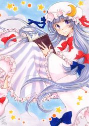 Rule 34 | 1girl, absurdres, alternate hair color, blue background, blue hair, blue ribbon, blunt bangs, blush, book, bow, capelet, cloud, crescent, dated, dress, footwear bow, frills, hair ribbon, hat, hat ribbon, highres, holding, holding book, long hair, long sleeves, looking at viewer, marker (medium), minakami atsumu, mob cap, patchouli knowledge, pink dress, pink footwear, pink hat, purple eyes, red bow, red ribbon, ribbon, shoes, signature, smile, solo, star (symbol), striped clothes, striped dress, touhou, traditional media, very long hair, wide sleeves