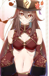Rule 34 | 1girl, absurdres, armpit crease, bare shoulders, breasts, chinese clothes, cleavage, e sky rugo, closed eyes, fang, floral print, flower, genshin impact, ghost, hat, hat flower, highres, hu tao (genshin impact), long sleeves, looking at viewer, midriff, navel, open mouth, sleeves past wrists, small breasts, smile, symbol-shaped pupils, top hat