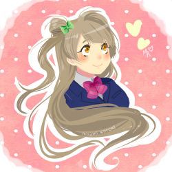 Rule 34 | 10s, 1girl, artist name, blazer, blush, bow, bowtie, brown hair, character name, collared shirt, green bow, hair bow, heart, jacket, long hair, love live!, love live! school idol project, mad ryouko, minami kotori, pink background, pink bow, pink bowtie, shirt, side ponytail, simple background, smile, solo, upper body, white shirt, yellow eyes