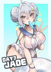 Rule 34 | ahoge, azur lane, breasts, covered navel, double bun, food, food in mouth, grey eyes, grey hair, hair bun, hair intakes, highres, ice cream, innertube, jade (a lick of summer) (azur lane), jade (azur lane), kive, large breasts, neckerchief, official alternate costume, one-piece swimsuit, popsicle, popsicle in mouth, sailor collar, sailor one-piece swimsuit, swim ring, swimsuit, v, white innertube, white neckerchief, white one-piece swimsuit