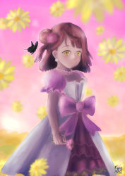 Rule 34 | 1girl, absurdres, artist name, artist request, awakening promise (love live!), belt, black butterfly, blush, bow, braid, braided bun, breasts, bug, butterfly, cleavage, cloud, collarbone, day, dress, dress bow, earrings, female focus, floating hair, flower, frilled dress, frilled skirt, frills, gloves, green eyes, hair bun, hair flower, hair ornament, highres, holding, holding flower, insect, jewelry, kingan, looking at viewer, love live!, love live! nijigasaki high school idol club, love live! school idol festival, miniskirt, myopia (kingan artlife), necklace, orange hair, outdoors, parted lips, pearl earrings, pearl necklace, pink belt, pink bow, pink dress, pink flower, pink skirt, pink sky, pink wrist cuffs, plaid, plaid dress, plaid skirt, pleated, pleated dress, pleated skirt, puffy short sleeves, puffy sleeves, red hair, short hair, short sleeves, side bun, single side bun, skirt, skirt under dress, sky, small breasts, smile, solo, two-tone dress, uehara ayumu, white dress, white gloves, wrist cuffs, yellow eyes, yellow flower, yellow skirt