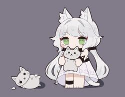 Rule 34 | animal ear fluff, animal ears, arknights, bare shoulders, barefoot, blush stickers, cat ears, cat girl, cat tail, chibi, closed mouth, commentary request, damaged, dress, green eyes, grey background, grey hair, hair intakes, highres, holding, holding stuffed toy, looking at viewer, low twintails, rosmontis (arknights), short eyebrows, simple background, sleeveless, sleeveless dress, someyaya, stuffed animal, stuffed cat, stuffed toy, tail, tears, thick eyebrows, twintails, white dress