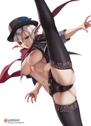 Rule 34 | 1girl, black hat, black jacket, black shorts, black thighhighs, blue eyes, breasts, breasts out, commentary, dungeon and fighter, ear piercing, english commentary, flower, hair between eyes, hat, hat flower, jacket, leg up, letdie1414, looking at viewer, medium breasts, navel, nipples, no bra, open clothes, open jacket, outstretched arm, parted lips, patreon username, piercing, pointy ears, red scarf, scarf, short hair, short shorts, shorts, silver hair, simple background, solo, split, spread legs, standing, standing on one leg, standing split, thief (dungeon and fighter), thighhighs, watermark, web address, white background
