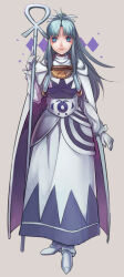 1girl aqua_eyes aqua_hair cloak frilled_sleeves frills gloves golden_sun high_ponytail holding holding_staff light_smile long_hair looking_at_viewer mia_(golden_sun) oas ponytail robe simple_background solo staff standing star_(symbol) white_cloak white_footwear white_gloves white_robe