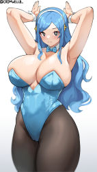 Rule 34 | + +, 1girl, :3, armpits, arms up, artist name, bare arms, black pantyhose, blue bow, blue bowtie, blue eyes, blue hair, blue leotard, bow, bowtie, breasts, cameltoe, cleavage, closed mouth, collarbone, commentary request, cromwellb, curvy, detached collar, dot nose, hair ornament, hands up, highleg, highleg leotard, highres, himouto! umaru-chan, huge breasts, leotard, long hair, looking at viewer, pantyhose, parted bangs, playboy bunny, rabbit pose, shadow, simple background, solo, split mouth, strapless, strapless leotard, symbol-shaped pupils, tachibana sylphynford, thick thighs, thighs, white background, wrist cuffs, yellow pupils