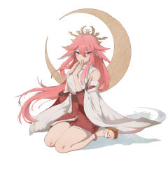 Rule 34 | 1girl, absurdres, animal ears, anklet, breasts, commentary request, crescent moon, detached sleeves, floppy ears, fox ears, genshin impact, hair between eyes, hair ornament, hakama, hand to own mouth, headpiece, highres, japanese clothes, jewelry, long hair, looking at viewer, medium breasts, moon, ningmeng chamao, nontraditional miko, own hands clasped, own hands together, pink hair, purple eyes, red skirt, sandals, seiza, shirt, sideboob, sitting, skirt, solo, thighs, toes, turtleneck, very long hair, white background, white shirt, yae miko
