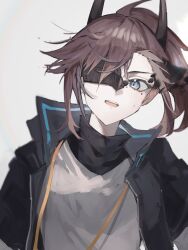 Rule 34 | 1girl, arknights, blue eyes, broken mask, brown hair, demon horns, grey shirt, highres, horns, jacket, mask, mokuro3m, one eye covered, open clothes, open jacket, open mouth, ponytail, popped collar, shirt, solo, sweatdrop, turtleneck, upper body, yato (arknights)