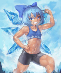 Rule 34 | 1girl, abs, bare arms, bike shorts, blue bow, blue eyes, blue hair, blush stickers, bow, cirno, crop top, flat chest, flexing, giant, giantess, grin, hair bow, ice, ice wings, midriff, muscular, muscular female, navel, revision, short hair, smile, solo, stomach, sweat, tan, tank top, tanned cirno, toned, touhou, tree, wings, yilx