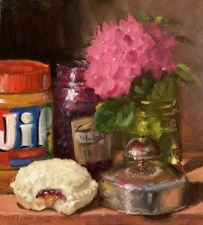Rule 34 | bell, commentary, cup, english commentary, flower, food, food focus, highres, jif (brand), leaf, no humans, noahverrier, oil painting (medium), original, painting (medium), peanut butter, pink flower, sandwich, still life, traditional media, water