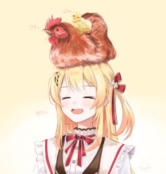 Rule 34 | 1girl, :d, animal, animal on head, beamed eighth notes, bird, black vest, blonde hair, bow, brown background, chick, chicken, closed eyes, commentary request, eighth note, fortissimo, gradient background, gurifu, hair ornament, highres, hololive, hololive dev is, long hair, musical note, musical note hair ornament, on head, one side up, open mouth, otonose kanade, red bow, shirt, smile, solo, upper body, vest, virtual youtuber, white background, white shirt