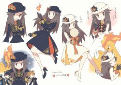 Rule 34 | 1girl, agt bp, black dress, black footwear, black gloves, black headwear, blue oak, blue oak (champion), bouquet, brown eyes, brown hair, creatures (company), dress, fire, flower, game freak, gen 1 pokemon, gloves, hat ornament, highres, holding, holding bouquet, leaf (champion) (pokemon), leaf (pokemon), legendary pokemon, long hair, moltres, nintendo, pokemon, pokemon (creature), pokemon masters ex, pout, red (champion) (pokemon), red (pokemon), ribbon, white dress, white footwear, white headwear