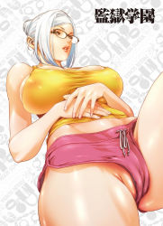 Rule 34 | 10s, 1girl, breasts, cameltoe, cleft of venus, glasses, groin, highres, hiramoto akira, huge breasts, lips, looking at viewer, midriff, nipples, partially visible vulva, prison school, shiraki meiko, silver hair, solo, tank top, thick thighs, thighs