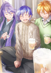 Rule 34 | 3boys, ahoge, alcohol, beer, beer mug, blonde hair, blue hair, commentary request, cup, daidou (demitasse), closed eyes, facing viewer, green sweater, grin, highres, holding, holding cup, indian style, japanese clothes, kaito (vocaloid), kamui gakupo, crossed legs, long hair, male focus, minase kou, mug, multiple boys, open mouth, ponytail, pov, pov hands, purple hair, sake, sitting, smile, sweater, turtleneck, turtleneck sweater, very long hair, vocaloid, voiceroid