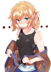 Rule 34 | 1girl, asuzemu, blonde hair, blush, breasts, collarbone, green eyes, looking at viewer, medium breasts, mizuhashi parsee, pointy ears, simple background, solo, sweat, tank top, taut clothes, touhou, upper body, white background, wide sleeves