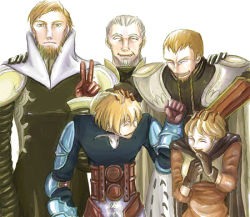 Rule 34 | 1girl, 4boys, alma beoulve, armor, artist request, barbaneth beoulve, beard, blonde hair, brown hair, cape, dycedarg beoulve, facial hair, family, final fantasy, final fantasy tactics, happy, lowres, multiple boys, old, headpat, ramza beoulve, v, zalbaag beoulve
