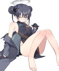 Rule 34 | 1girl, arm support, bare legs, bare shoulders, barefoot, black dress, black footwear, black gloves, black hair, blue archive, breasts, butterfly hair ornament, china dress, chinese clothes, closed mouth, double bun, dragon print, dress, gloves, grey eyes, grey jacket, hair bun, hair ornament, halo, highres, jacket, kildir, kisaki (blue archive), legs, long hair, looking at viewer, print dress, simple background, sitting, small breasts, solo, striped clothes, striped jacket, toes, twintails, vertical-striped clothes, vertical-striped jacket, white background