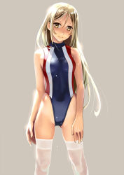 Rule 34 | 1girl, blonde hair, breasts, competition swimsuit, grey background, highleg, highleg swimsuit, katahira masashi, long hair, one-piece swimsuit, original, simple background, small breasts, smile, solo, standing, swimsuit, thighhighs, white thighhighs, yellow eyes