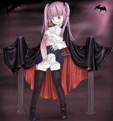 Rule 34 | 1girl, bat (animal), black hair, black thighhighs, blush, boots, bulge, cape, censored, chain, clothes lift, cock ring, colored skin, erection, fangs, full-package futanari, full body, futanari, grey skin, huge penis, lifted by self, long hair, looking at viewer, monster girl, night, panties, panty pull, penis, pointless censoring, precum, purple hair, self exposure, sex toy, shirt, skirt, skirt lift, solo, standing, tagme, thighhighs, twintails, underwear, vampire, veins, veiny penis, white panties, white shirt, yozora