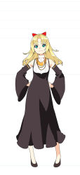 Rule 34 | 1girl, aqua eyes, black dress, black footwear, blonde hair, bow, detached sleeves, dress, flat chest, full body, hair bow, hands on own hips, highres, ino (magloid), jewelry, long hair, long sleeves, looking at viewer, necklace, original, red bow, simple background, solo, white background, wide sleeves