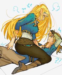 Rule 34 | !?, 1boy, 1girl, ^^^, anger vein, ass, belt, black gloves, black pants, blonde hair, blue eyes, blue shirt, blue tunic, blush, boots, breasts, brown belt, brown footwear, brown pants, commentary, crying, crying with eyes open, fingerless gloves, full body, furrowed brow, girl on top, gloves, hair ornament, hair over mouth, hairclip, hetero, high heel boots, high heels, highres, link, long hair, looking at another, lying, medium breasts, medium hair, messy hair, nintendo, on back, pants, parted bangs, parted lips, ponytail, princess zelda, profile, shanodesu, shirt, simple background, sitting, sitting on person, straddling, tears, the legend of zelda, the legend of zelda: breath of the wild, tight clothes, tight pants, white background, white shirt, wrist wrap