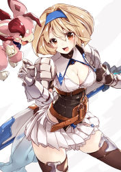 Rule 34 | 10s, 1girl, 218, armor, blonde hair, breasts, brown eyes, brown thighhighs, cleavage, cowboy shot, djeeta (granblue fantasy), dragon, gauntlets, granblue fantasy, granblue fantasy: relink, granblue fantasy project re:link, grey background, hair intakes, hairband, looking at another, medium breasts, miniskirt, open mouth, pauldrons, pelvic curtain, pleated skirt, sheath, sheathed, short hair, shoulder armor, simple background, skirt, smile, solo, spikes, sword, thighhighs, vyrn (granblue fantasy), weapon, white background, zettai ryouiki