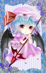 Rule 34 | 1girl, bad id, bad pixiv id, bat wings, blue flower, blue hair, blue rose, chibi, elbows on knees, flower, framed, hat, leaf, lips, looking at viewer, mob cap, puffy short sleeves, puffy sleeves, red eyes, remilia scarlet, rose, short hair, short sleeves, skirt, skirt set, solo, spear the gungnir, striped, striped background, touhou, vertical stripes, wings, yamiori