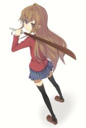 Rule 34 | 1girl, aisaka taiga, bad id, bad pixiv id, bokken, brown eyes, brown hair, from above, from behind, highres, long hair, looking back, ojaga, school uniform, simple background, solo, sword, thighhighs, toradora!, weapon, white background, white theme, wooden sword