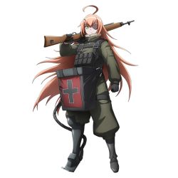 Rule 34 | 1girl, cosplay, cz2128 delta, eyepatch, fur-trimmed jacket, fur trim, gloves, green eyes, gun, jacket, official art, one eye covered, overlord (maruyama), rifle, solo, tagme, tanya degurechaff (cosplay), transparent background, weapon, youjo senki