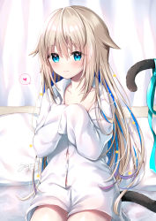 Rule 34 | 1girl, absurdres, bed sheet, blonde hair, blue eyes, blue hair, blue ribbon, blush, cat tail, closed mouth, collared shirt, commentary request, curtains, dress shirt, hair between eyes, heart, highres, indie virtual youtuber, long hair, long sleeves, looking at viewer, multicolored hair, naked shirt, original, pillow, ribbon, shirt, sitting, sleeves past fingers, sleeves past wrists, smile, solo, spoken heart, star (symbol), tail, tail ornament, tail ribbon, two-tone hair, uchuuneko, uchuuneko (vtuber), very long hair, virtual youtuber, white shirt