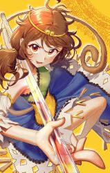 Rule 34 | 1girl, brown eyes, brown hair, circlet, dress, elosia, highres, low twintails, monkey girl, monkey tail, multicolored clothes, multicolored dress, ruyi jingu bang, smile, solo, son biten, tail, touhou, twintails, unfinished dream of all living ghost