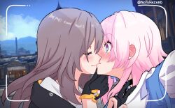 Rule 34 | 2girls, archery shooting glove, black choker, black gloves, black jacket, blue eyes, blue jacket, blue sky, blush, choker, closed mouth, cloud, commentary, ear blush, earrings, english commentary, game screenshot background, gloves, grey hair, hair between eyes, hand on another&#039;s chin, highres, honkai: star rail, honkai (series), jacket, jewelry, kiss, march 7th (honkai: star rail), medium hair, multiple girls, not a hazard, partially fingerless gloves, pink eyes, pink hair, purple eyes, shirt, single earring, sky, stelle (honkai: star rail), trailblazer (honkai: star rail), twitter username, two-tone eyes, viewfinder, white shirt, yellow eyes, yuri