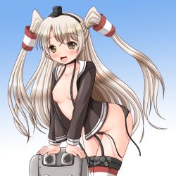 Rule 34 | 10s, 1girl, :d, amatsukaze (kancolle), areola slip, arm support, bent over, black panties, blouse, blush, breasts, brown eyes, collarbone, covered erect nipples, cowboy shot, dress, garter straps, gradient background, hair tubes, hairband, headgear, kantai collection, long hair, long sleeves, loose panties, no pants, open clothes, open mouth, open shirt, panties, riku (rikkuru), sailor collar, sailor dress, shirt, side-tie panties, small breasts, smile, solo, striped clothes, striped thighhighs, suspenders, thighhighs, two side up, underwear, untied panties, very long hair, white hair