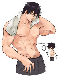 Rule 34 | ..., 2496oyakodon, 2boys, abs, bara, black hair, black male underwear, closed mouth, cropped legs, drying, drying hair, father and son, finger under clothes, fushiguro megumi, fushiguro touji, green eyes, grey pants, hand on own stomach, jujutsu kaisen, large pectorals, looking at viewer, male focus, male pubic hair, male underwear, male underwear peek, mature male, multiple boys, muscle conscious, muscular, muscular male, navel, navel hair, nipples, pants, pectorals, pubic hair, scar, scar on face, scar on mouth, short hair, simple background, speech bubble, spoken ellipsis, sweatpants, topless male, towel, towel around neck, translated, underwear, wet, wet hair, white background, white towel