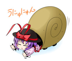 Rule 34 | 1girl, blush stickers, chibi, closed eyes, dress, female focus, gradient background, hat, ichimi, nagae iku, open mouth, outstretched arms, pink dress, purple hair, short hair, snail girl, solo, touhou, white background