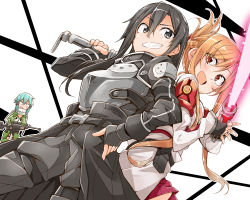 Rule 34 | 1boy, 2girls, :d, armor, asuna (sao), back-to-back, bibi02, black eyes, black gloves, black hair, clenched teeth, commentary request, fingerless gloves, gloves, green hair, gun, hand on own hip, highres, holding, holding gun, holding weapon, kirito, kirito (sao-ggo), long hair, looking at another, multiple girls, open mouth, orange hair, red eyes, short hair, sinon, smile, sword, sword art online, teeth, trap, weapon