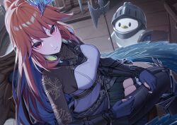 Rule 34 | 1girl, armor, armored gloves, belt, black shirt, blue nails, blush, breasts, colored inner hair, earrings, erezu, feather earrings, feathered wings, feathers, fingerless gloves, gauntlets, gloves, hair between eyes, hair ornament, halberd, high ponytail, highres, hololive, hololive english, jewelry, kfp employee (takanashi kiara), knee pads, leg armor, long hair, long sleeves, looking at viewer, medium breasts, multicolored hair, multiple belts, nail polish, official alternate costume, official alternate hairstyle, orange hair, pleated skirt, polearm, poleyn, ponytail, red eyes, shield, shirt, sitting, skirt, streaked hair, takanashi kiara, takanashi kiara (knight), thighhighs, two-tone hair, virtual youtuber, weapon, wings