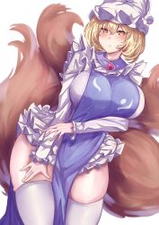 Rule 34 | 1girl, animal hat, blonde hair, closed mouth, dress, fox tail, hat, highres, kitsune, long sleeves, looking at viewer, mirufui, mob cap, multiple tails, short hair, simple background, solo, tabard, tail, thighhighs, thighs, touhou, white background, white dress, white hat, white thighhighs, yakumo ran, yellow eyes