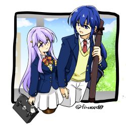 Rule 34 | 1boy, 1girl, alternate costume, bag, blazer, blue eyes, blue hair, brother and sister, circlet, contemporary, feh (fire emblem heroes), fire emblem, fire emblem: genealogy of the holy war, holding, holding bag, holding hands, jacket, julia (fire emblem), long hair, looking at another, necktie, nintendo, open clothes, open jacket, pantyhose, ponytail, purple eyes, purple hair, ribbon, school uniform, seliph (fire emblem), shirt, siblings, skirt, yukia (firstaid0)