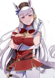 Rule 34 | 1girl, absurdres, animal ears, arm under breasts, bare shoulders, bow, breasts, bridle, brown headwear, buttons, contrapposto, cowboy shot, double-breasted, ear bow, ear ribbon, floating hair, gold ship (umamusume), grey hair, grin, highres, horse ears, horse girl, horse tail, large breasts, long hair, looking at viewer, pillbox hat, pouch, purple eyes, simple background, smile, solo, swept bangs, tail, taut clothes, umamusume, usukawa (uskw sr)