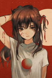 Rule 34 | 1girl, arm up, blood, blood on arm, blood on face, brown eyes, brown hair, closed mouth, commentary request, expressionless, hair ribbon, highres, long hair, looking at viewer, mole, mole on cheek, one side up, original, red background, red ribbon, ribbon, romaji text, shirt, short sleeves, solo, translation request, tsubonari, upper body, white shirt