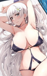 Rule 34 | 1girl, azur lane, bare shoulders, blush, breasts, cleavage, collarbone, grey eyes, highres, itete, large breasts, long hair, looking at viewer, navel, official alternate costume, solo, vittorio veneto (azur lane), vittorio veneto (the flower of la spezia) (azur lane), white hair