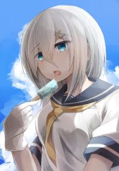 Rule 34 | 10s, 1girl, bad id, bad pixiv id, blue eyes, blue sky, breasts, cloud, day, eating, food, gloves, hair between eyes, hair ornament, hairclip, hamakaze (kancolle), highres, holding, holding food, kantai collection, licking, long hair, medium breasts, miyabino (miyabi1616), necktie, popsicle, school uniform, serafuku, short sleeves, silver hair, sky, solo, sweat, tongue, tongue out, upper body, white gloves, yellow necktie