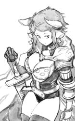 Rule 34 | 10s, 1girl, animal ears, breasts, cleavage, cow ears, draph, earrings, female focus, gloves, granblue fantasy, greyscale, hand on hilt, horns, jewelry, large breasts, leotard, monochrome, niku-name, short hair, simple background, solo, sturm (granblue fantasy), sword, weapon, white background