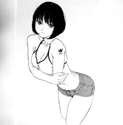 Rule 34 | 1girl, adidas, bad id, bad pixiv id, black hair, breasts, cleavage, collarbone, dende (dndn222), greyscale, highres, leaning forward, looking at viewer, medium breasts, monochrome, original, scan, scan artifacts, short hair, shorts, solo, spaghetti strap, standing, thighs, traditional media